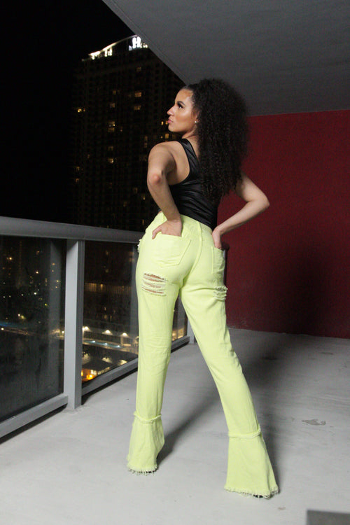 Ripleys Distressed Flare Denim -Lime