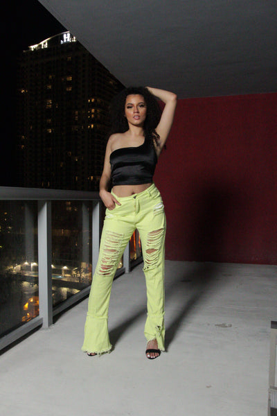 Ripleys Distressed Flare Denim -Lime